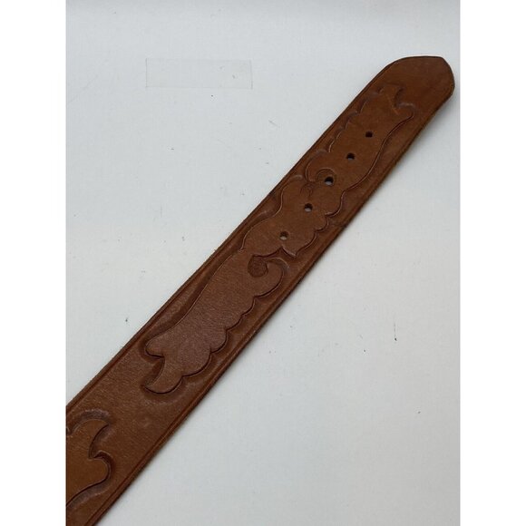 Brown Women's Embossed Belt Genuine Leather Size 26 Brass Buckle - Picture 13 of 16